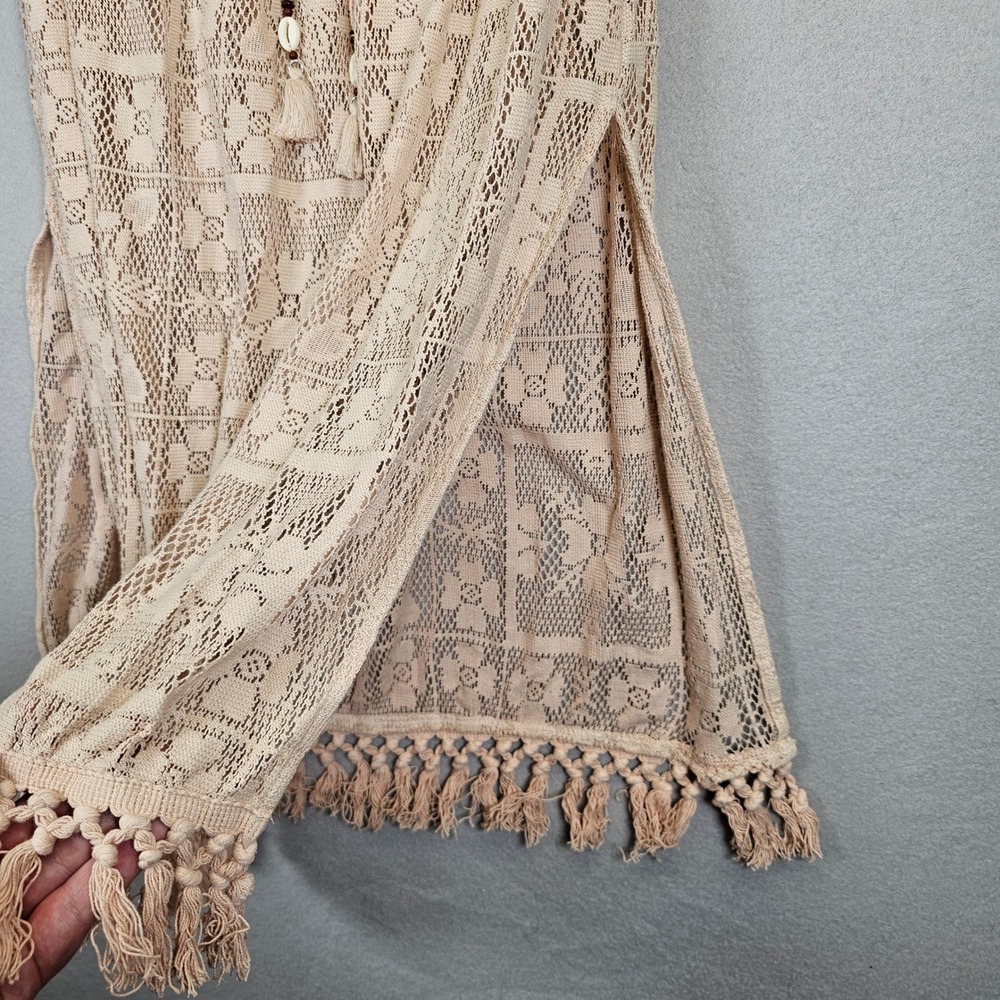 Aerie Crochet Lace Midi Skirt Beige Boho Cowrie Shell Tassel Fringe Coverup New - Picture 6 of 11